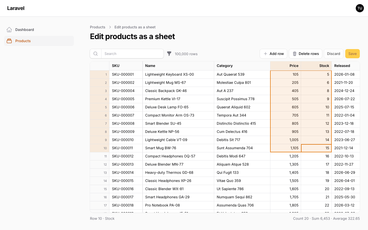100,000 products in a sheet, with a range selected and its sum in the status bar